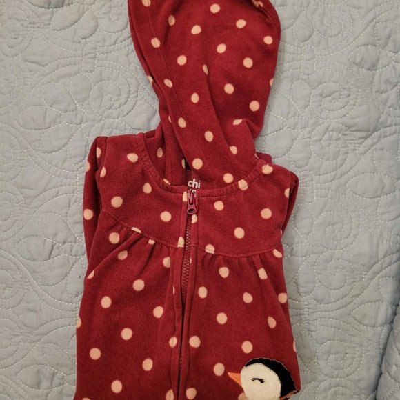 Carters 3-6 M Mulberry-Colored Fleece w Pink Polka Dots & Penguin Applique - Picture 8 of 9